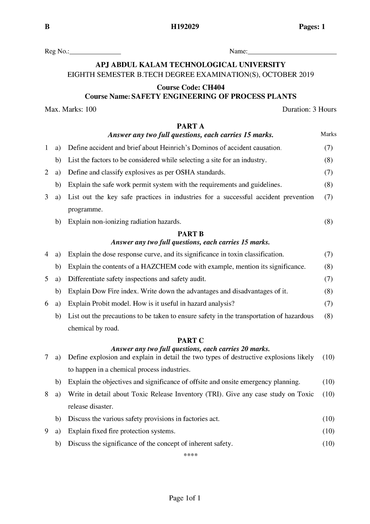 Question Paper Of Safety Engineering - B H192029 Pages: 1 Page 1of 1 