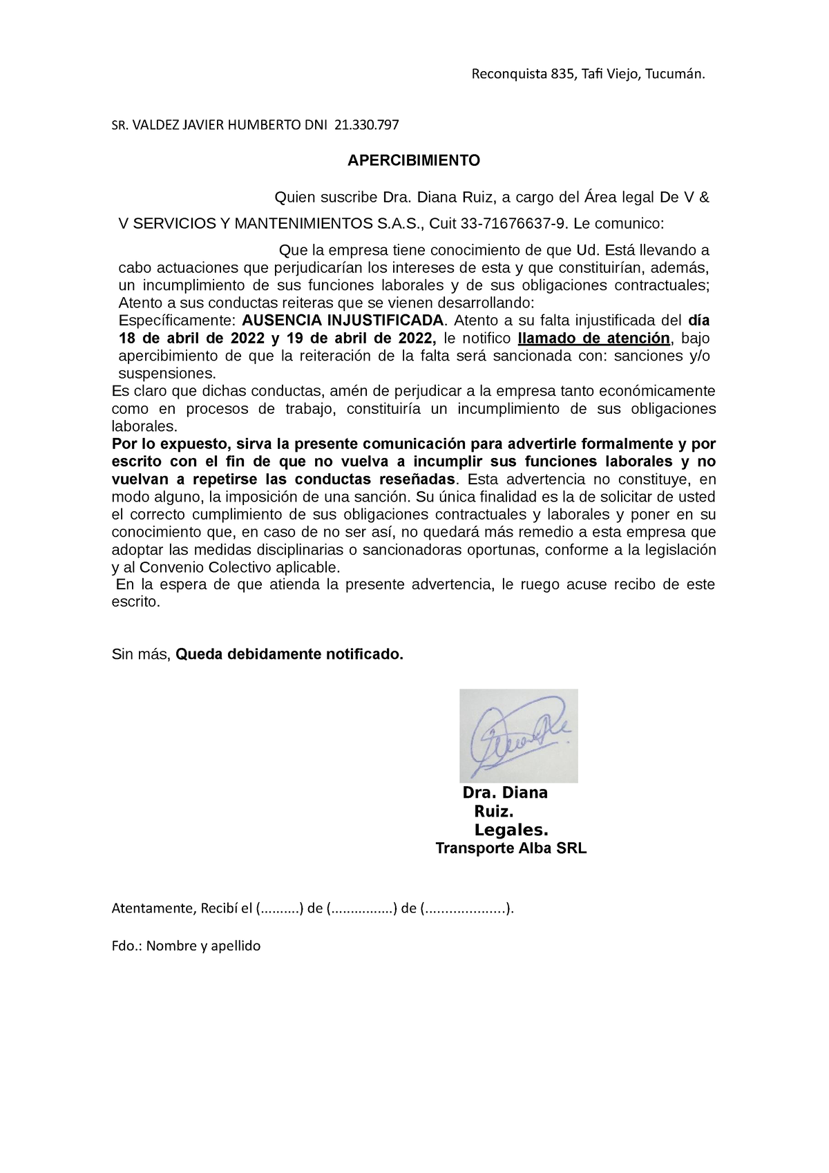 Carta apercibimiento v&v - Reconquista 835, Tafi Viejo, Tucumán. SR. VALDEZ  JAVIER HUMBERTO DNI 21. - Studocu