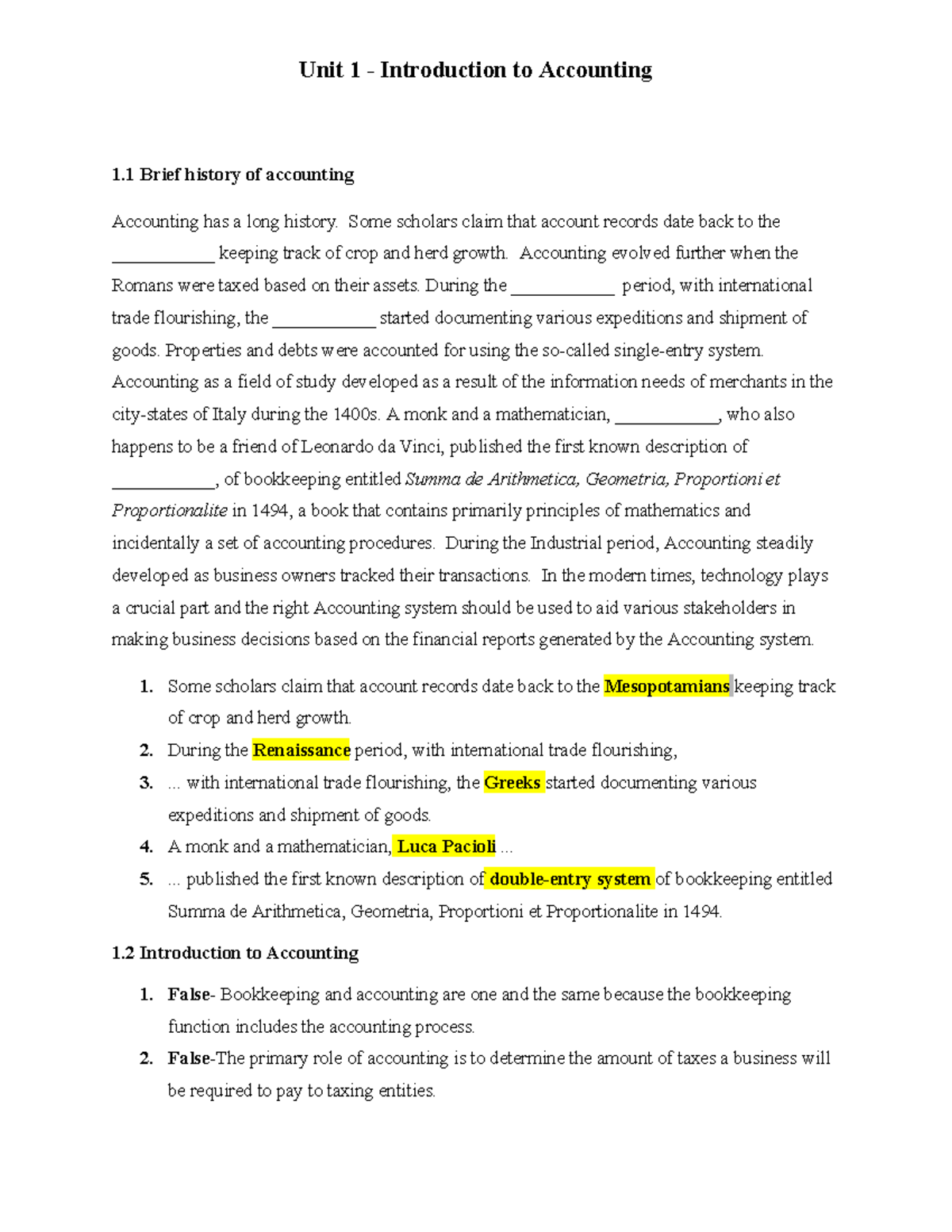 [F Dnacct] Unit 1 - Introduction to Accounting - 1 Brief history of ...