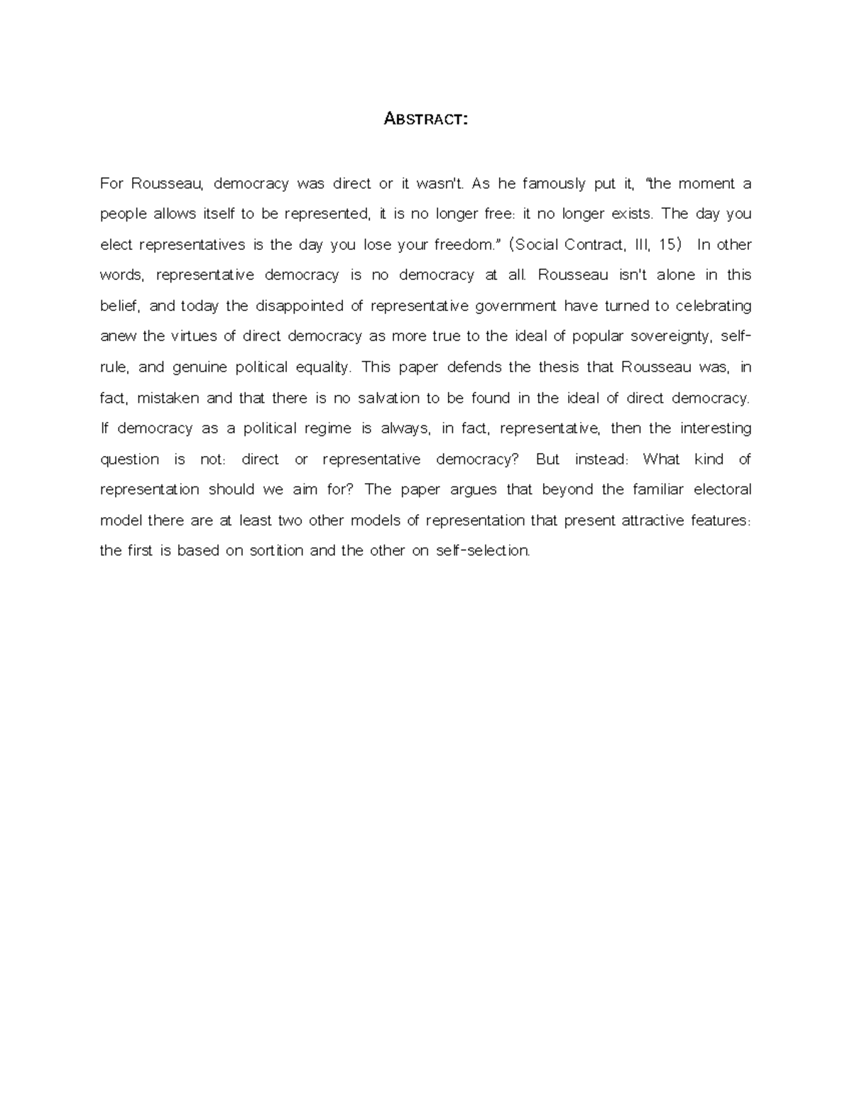Abstract - A BSTRACT : For Rousseau, democracy was direct or it wasn't ...