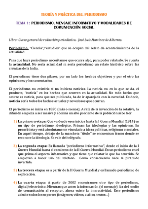 Apuntes teoría y práctica del periodismo - TEORÍA Y PRÁCTICA DEL PERIODISMO  TEMA 1: PERIODISMO, - Studocu