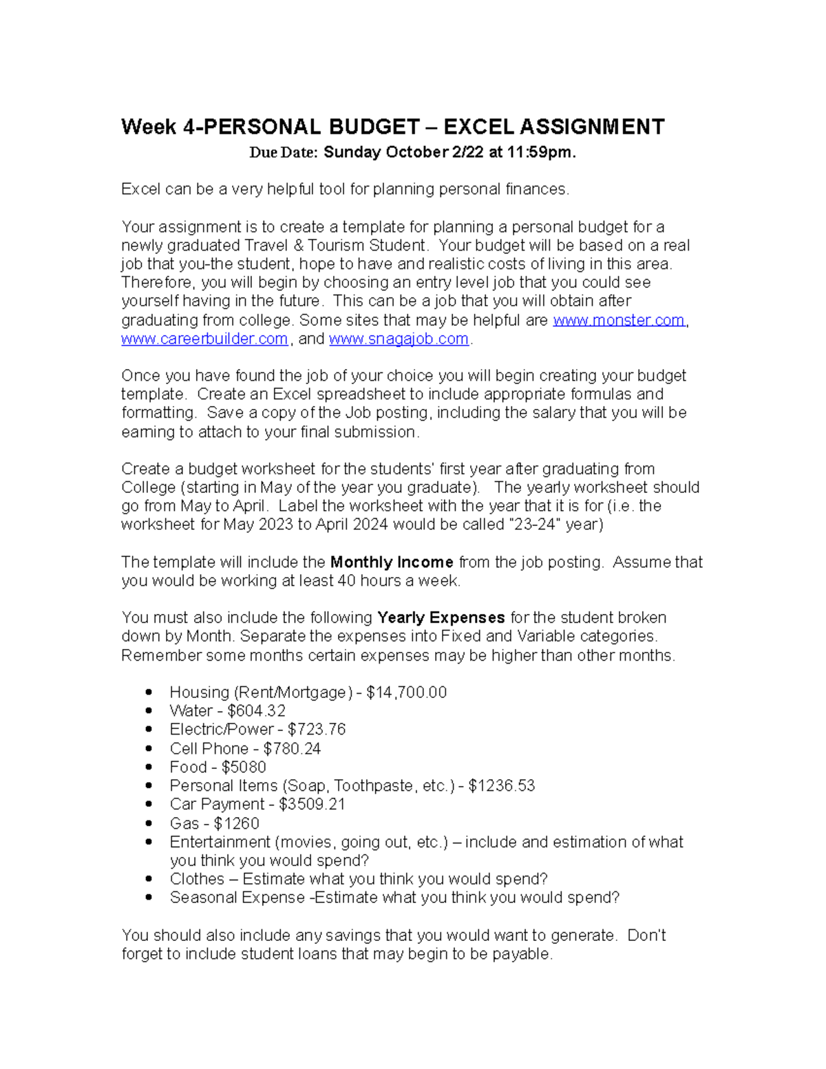 Budget assignment-F22 - Week 4-PERSONAL BUDGET – EXCEL ASSIGNMENT Due ...
