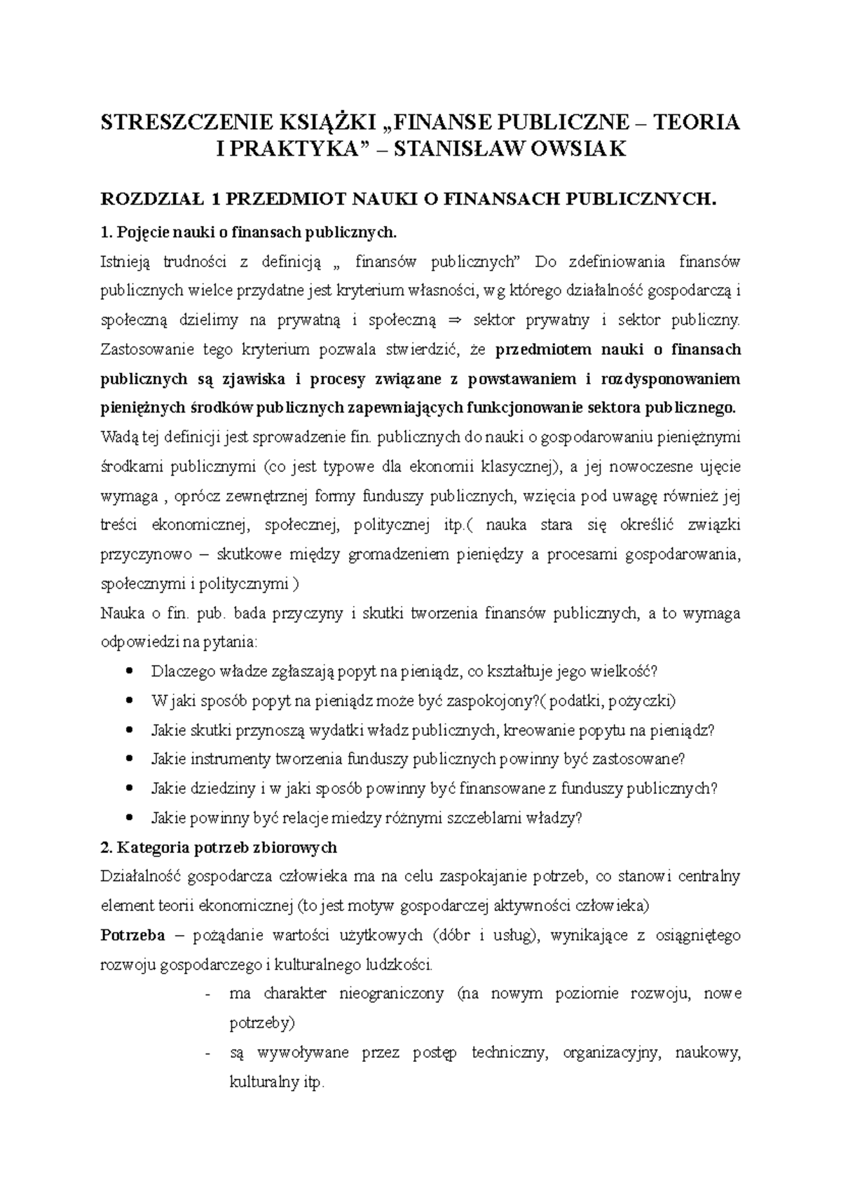 Owsiak- Finanse- Publiczne - STRESZCZENIE KSIĄŻKI „FINANSE PUBLICZNE