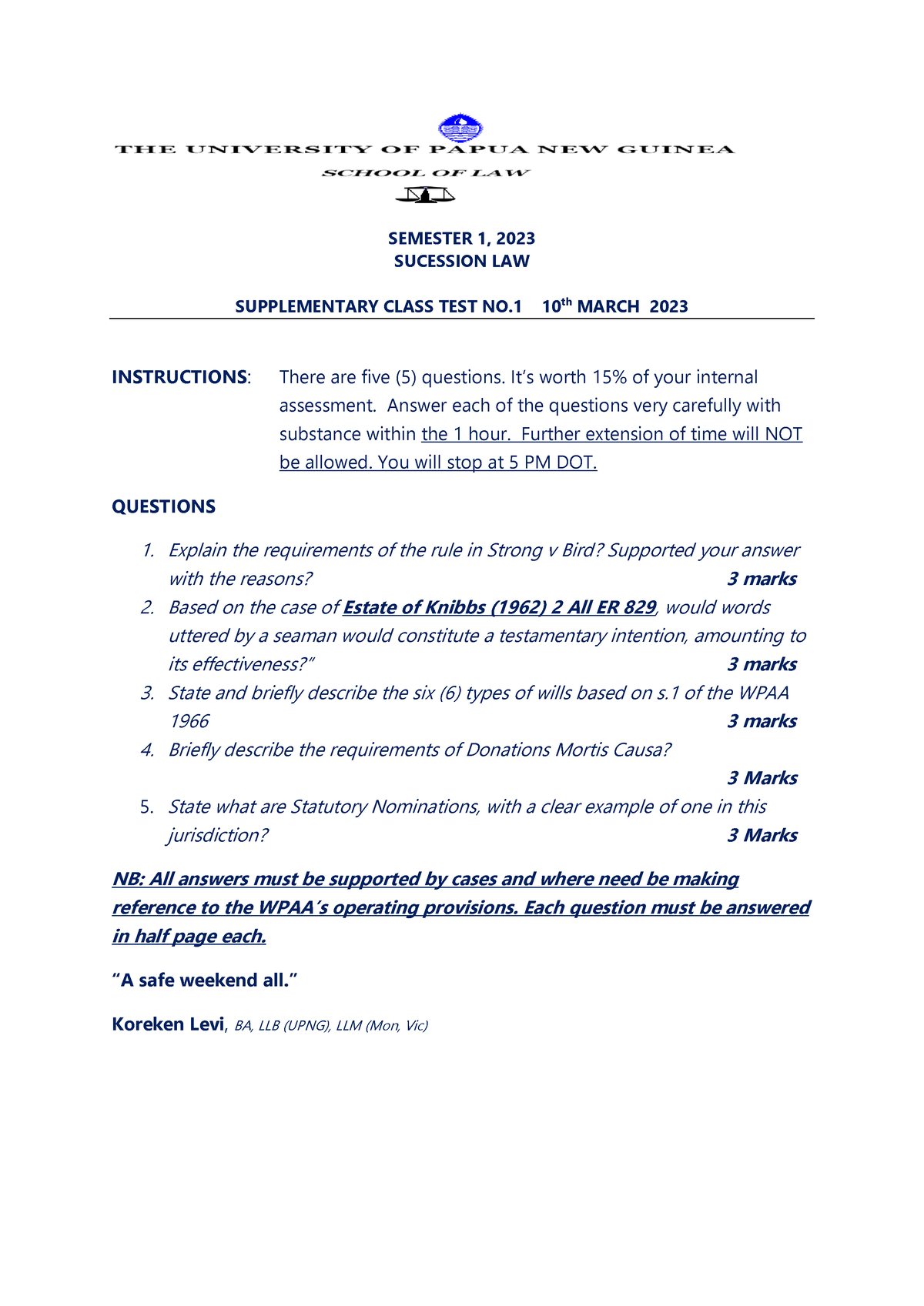 Succession LAW TEST NO. 1 2023 - SEMESTER 1, 2023 SUCESSION LAW ...