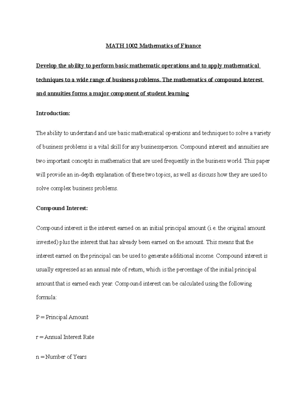 MATH 1002 Mathematics of Finance - MATH 1002 Mathematics of Finance ...