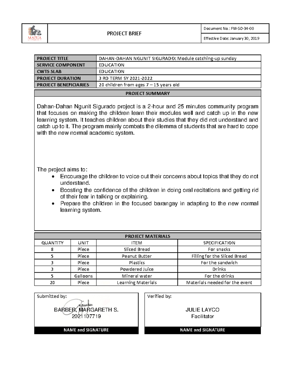 Barber MS-CWTS102-A19- Project Brief - PROJECT BRIEF Document No.: FM ...