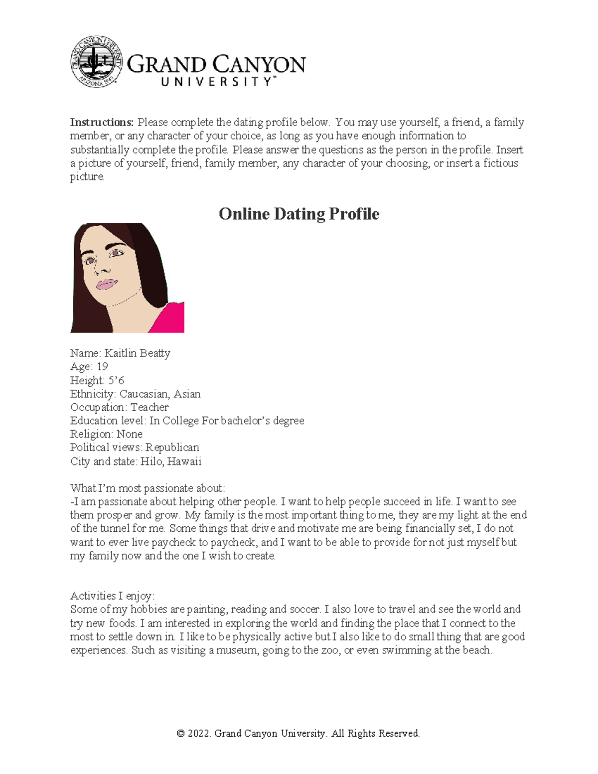 PSY362 RS T5 Online Dating Profile - Instructions: Please complete the ...