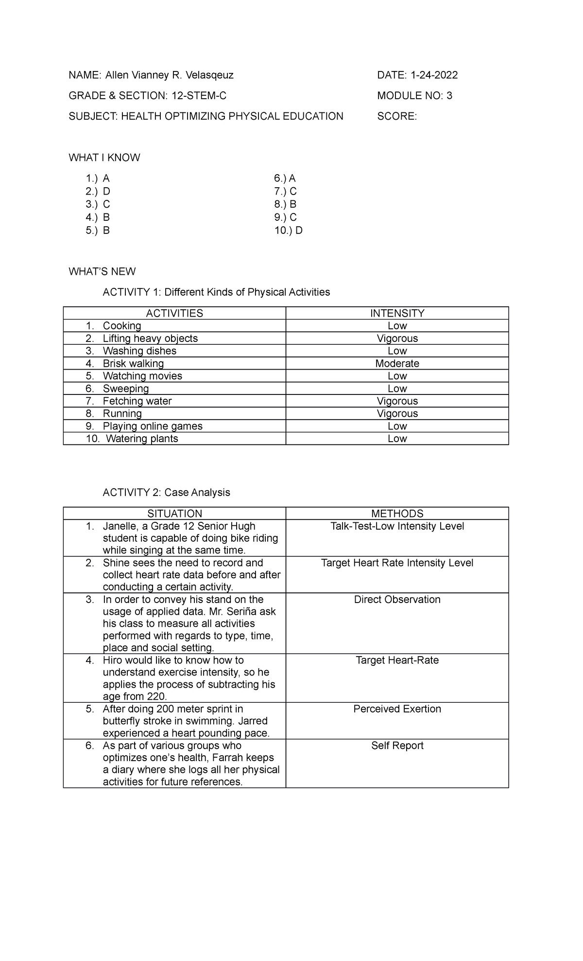 Answer sheet for Physical Education - NAME: Allen Vianney R. Velasqeuz ...