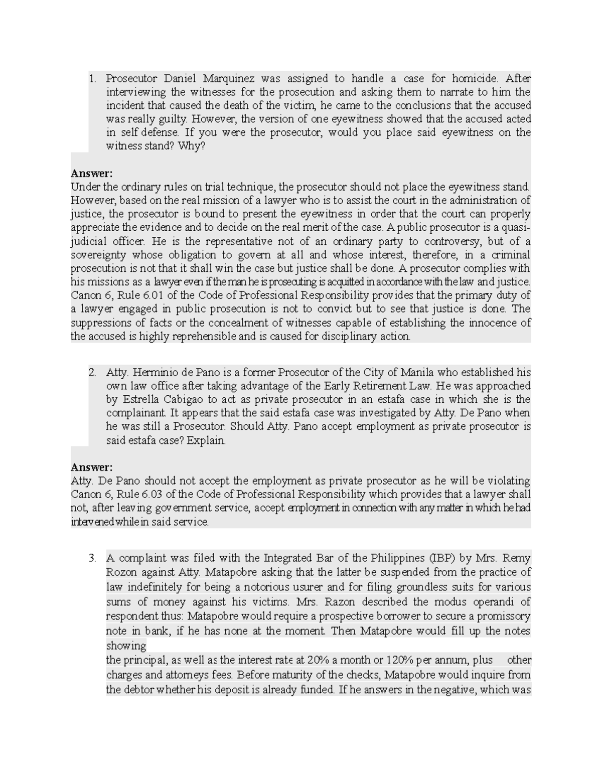 Legal Ethics Questions AND Answers Prosecutor Daniel Marquinez was