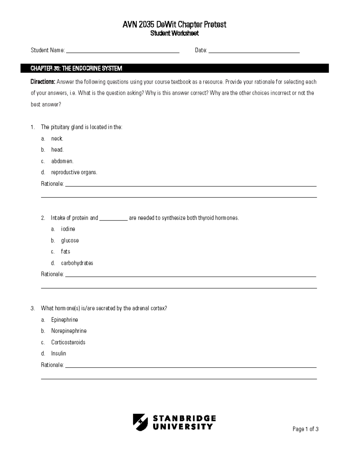 AVN 2035 DW Med-Surg Ch 35 Pretest [2023] - Page 1 Of 3 Student Name ...