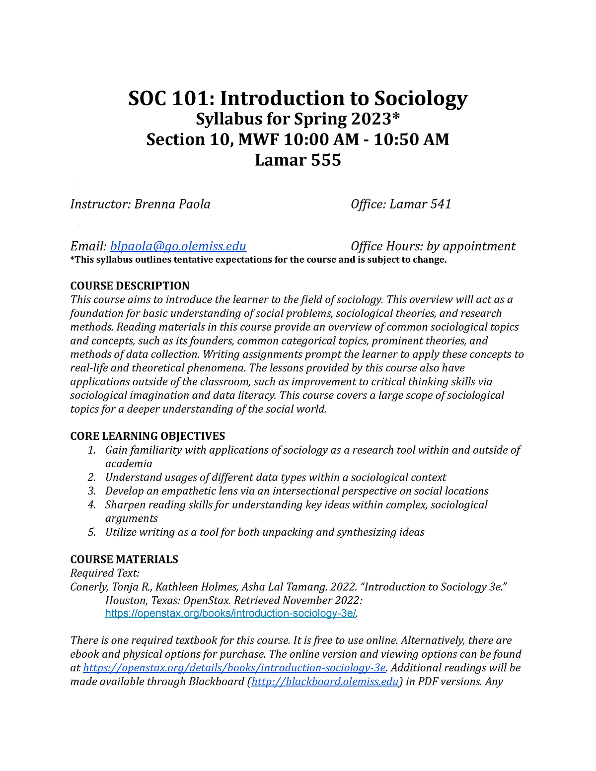Soc 101 Syllabus Soc 101 Introduction To Sociology Syllabus For Spring 2023 Section 10 Mwf
