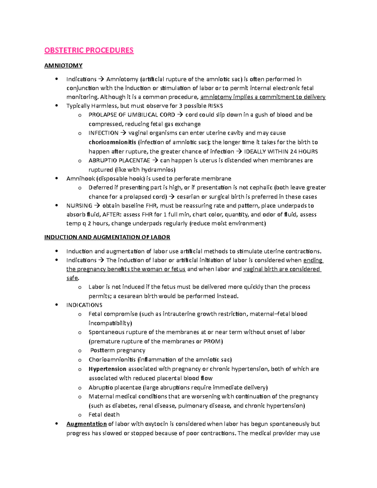 210 - Obstetric Procedures - OBSTETRIC PROCEDURES AMNIOTOMY Indications ...