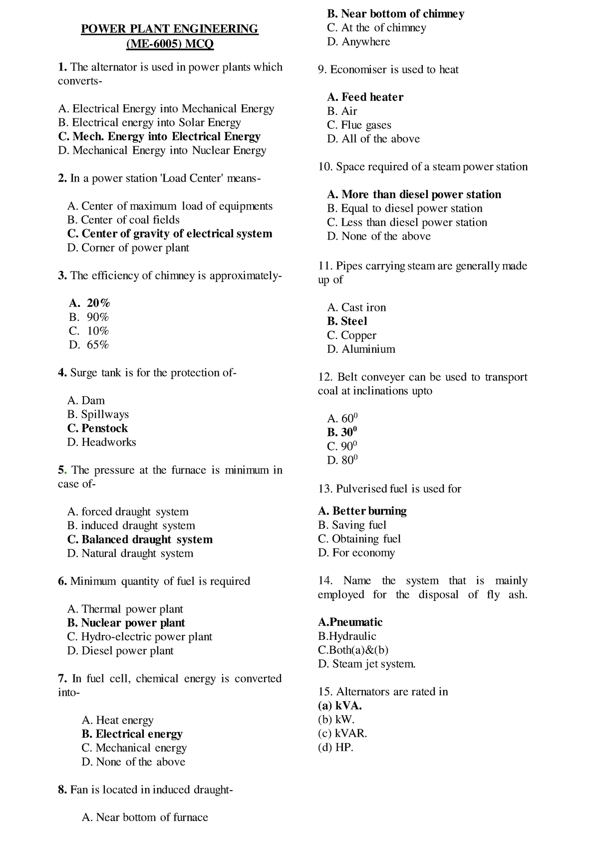 Power Plant Engineering MCQ - POWER PLANT ENGINEERING (ME-6005) MCQ The ...