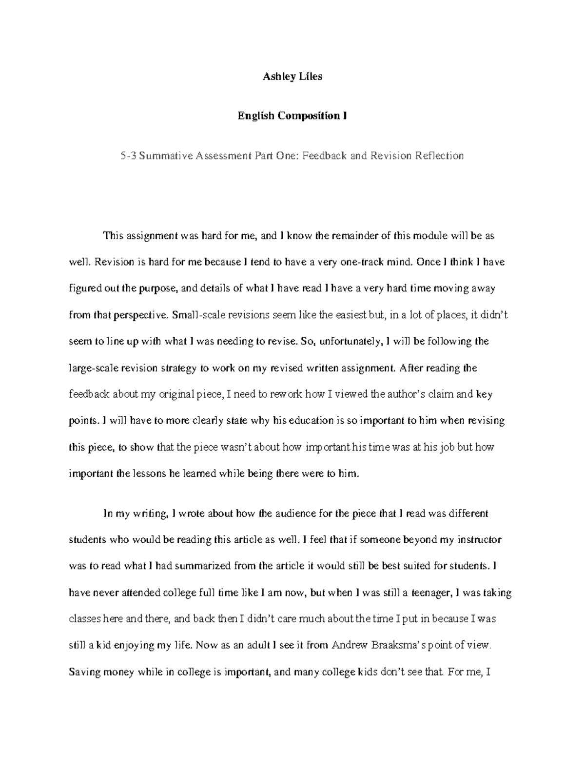 Feedback and Revision Reflection - Revision is hard for me because I ...