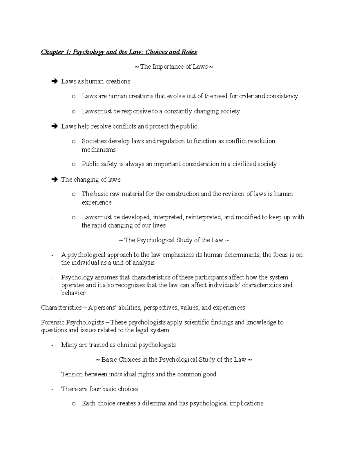 Chapter 1 Book Notes - Chapter 1: Psychology and the Law: Choices and ...