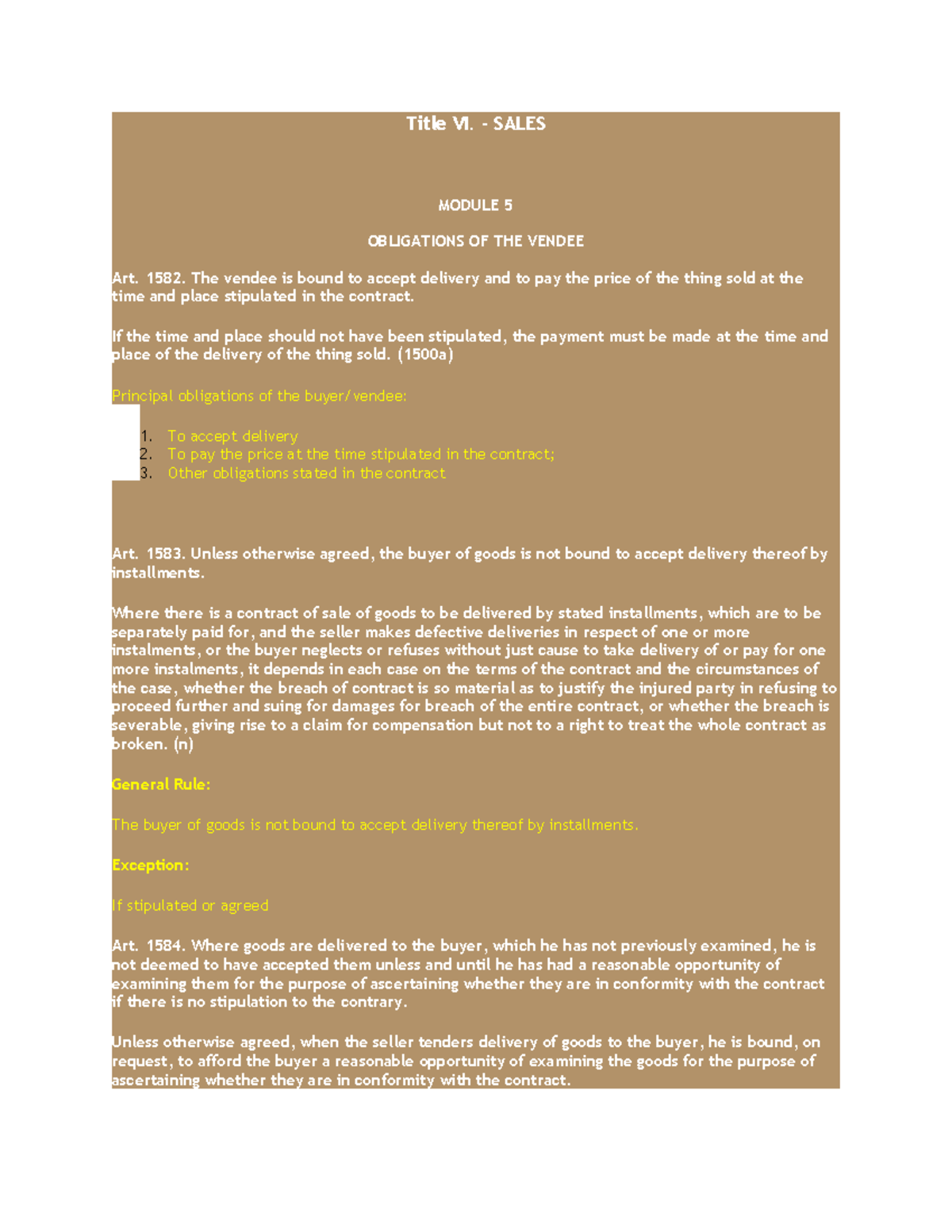 Module 5 Obligations of the Vendee Art Title VI. SALES MODULE 5