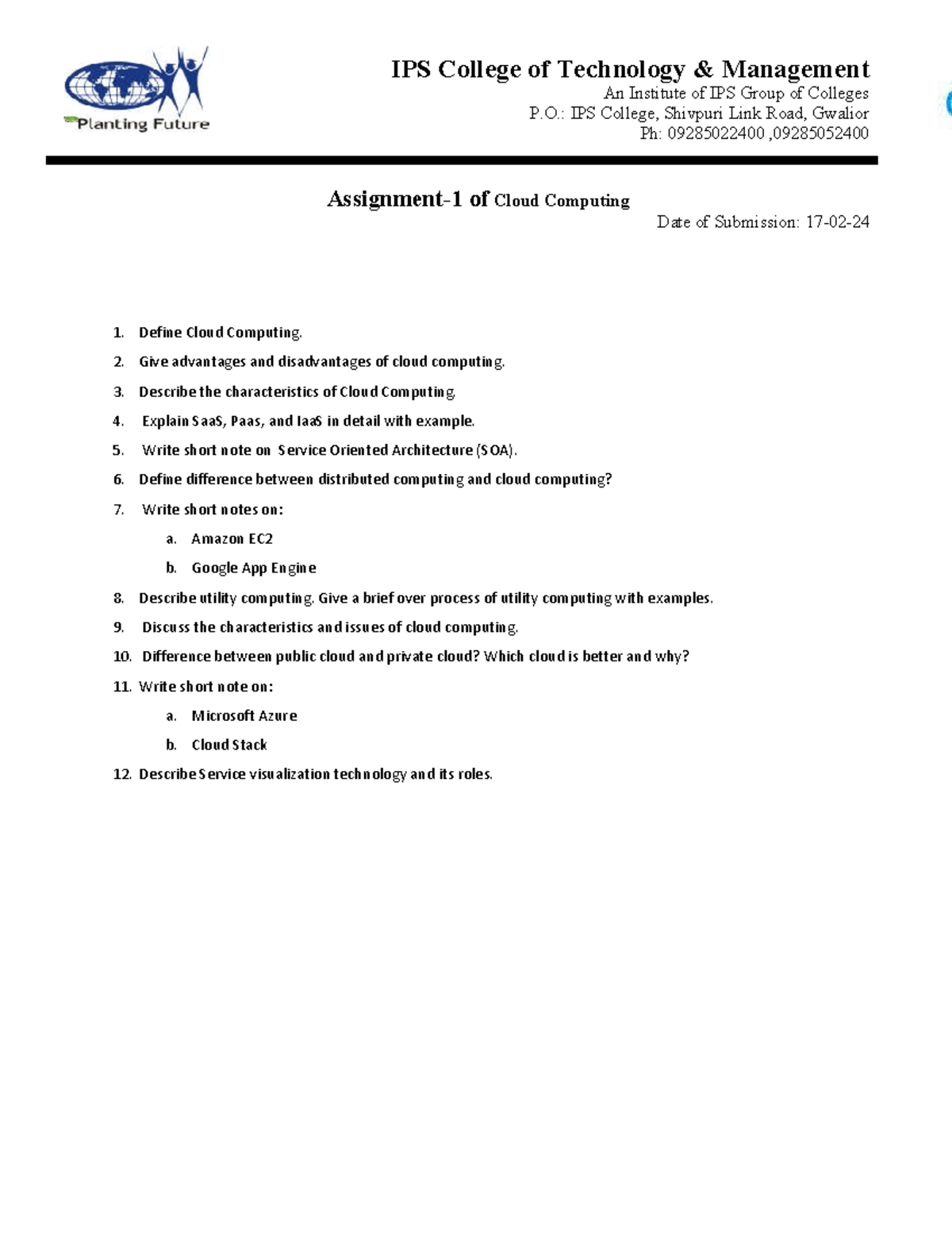 Assignment 1 of cloud Computing CS802 unit I and II - IPS College of ...