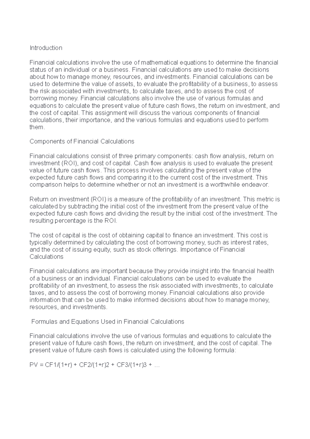Finance assignment - Introduction Financial calculations involve the ...
