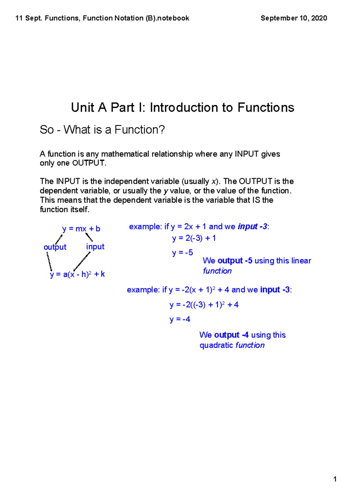 11 Sept. Functions, Function Notation (B) - So What is a Function? A ...