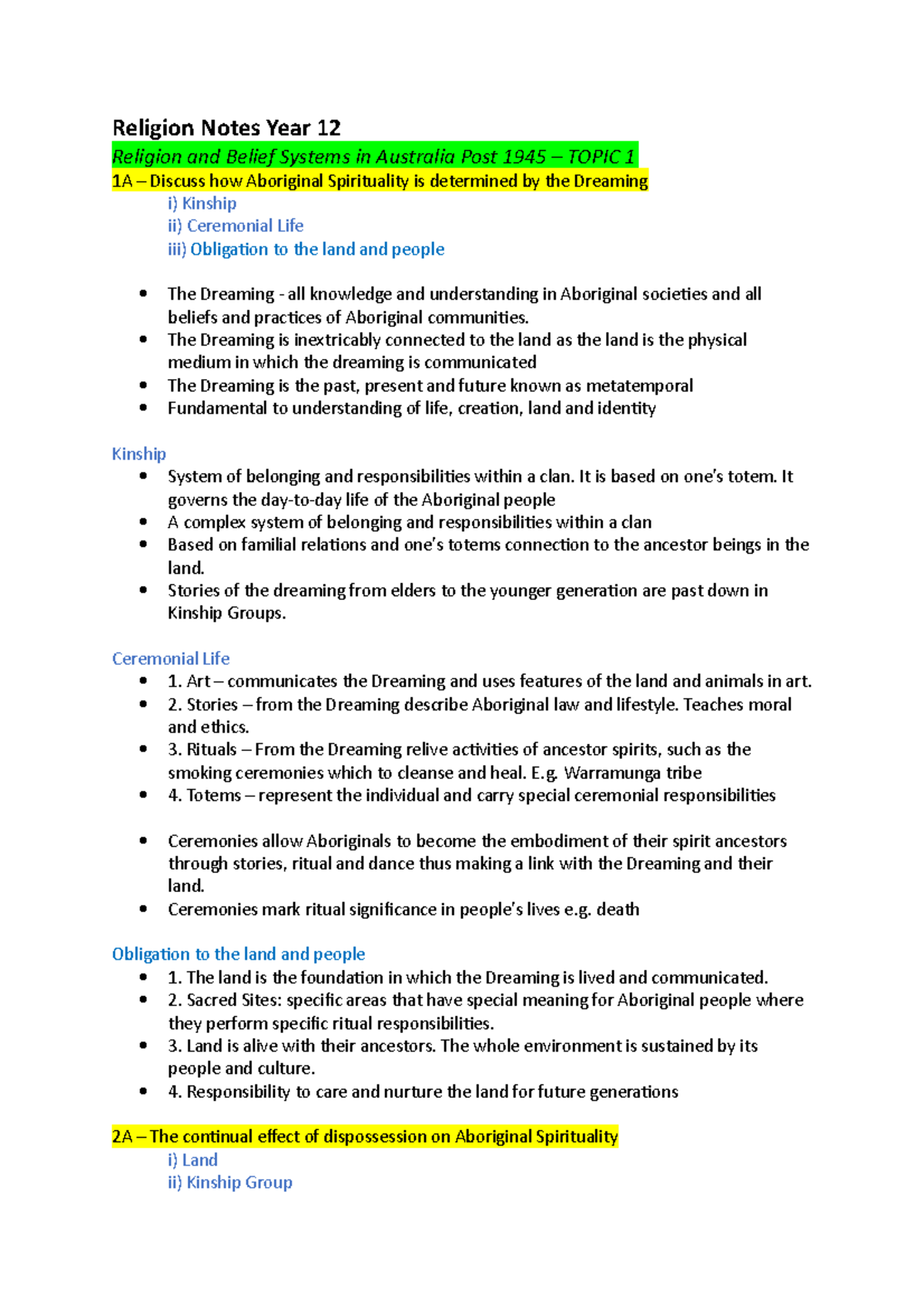 Religion Notes Year 12 - The Dreaming is inextricably connected to the ...
