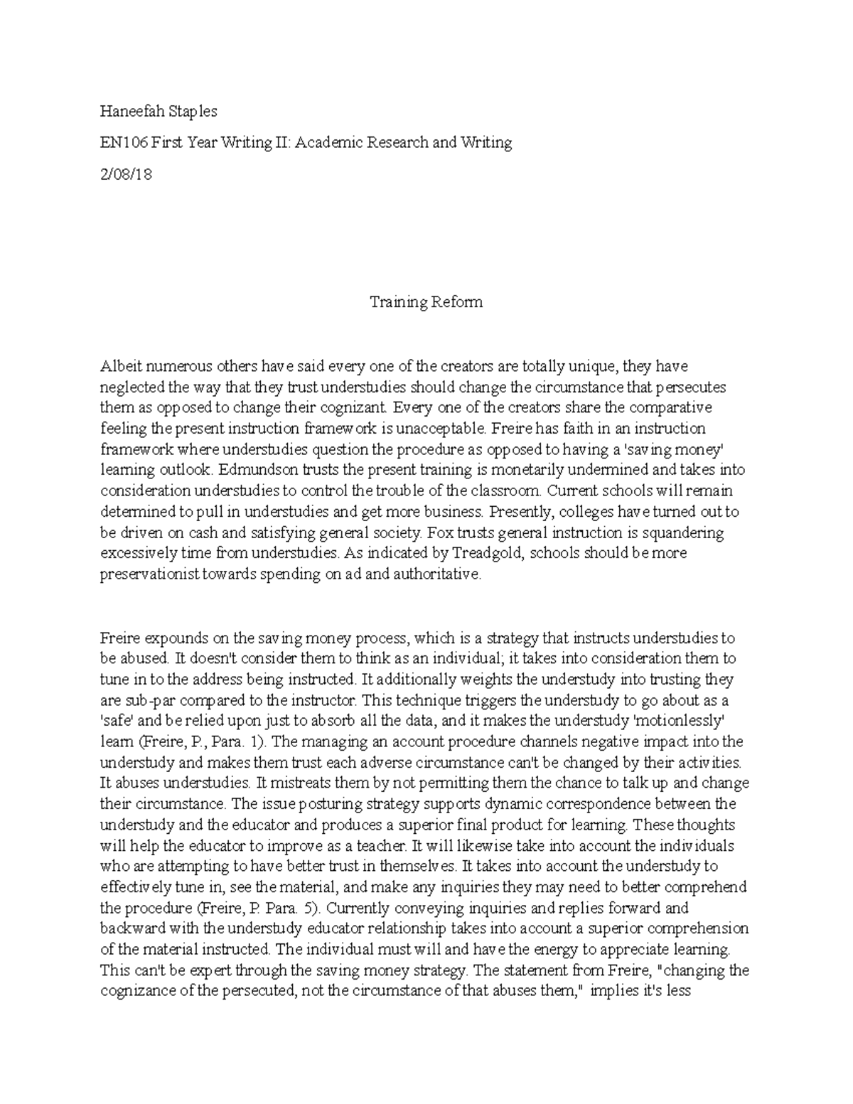 En106 unit 4 essay - Hw assignment - Haneefah Staples EN106 First Year ...
