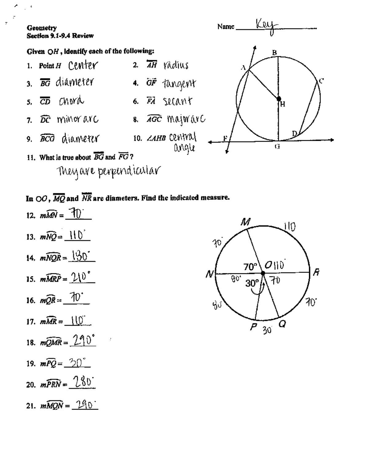 Geo 9.1-9.4 Quiz Review WS KEY - Geometry Name Key Section Review Given ...