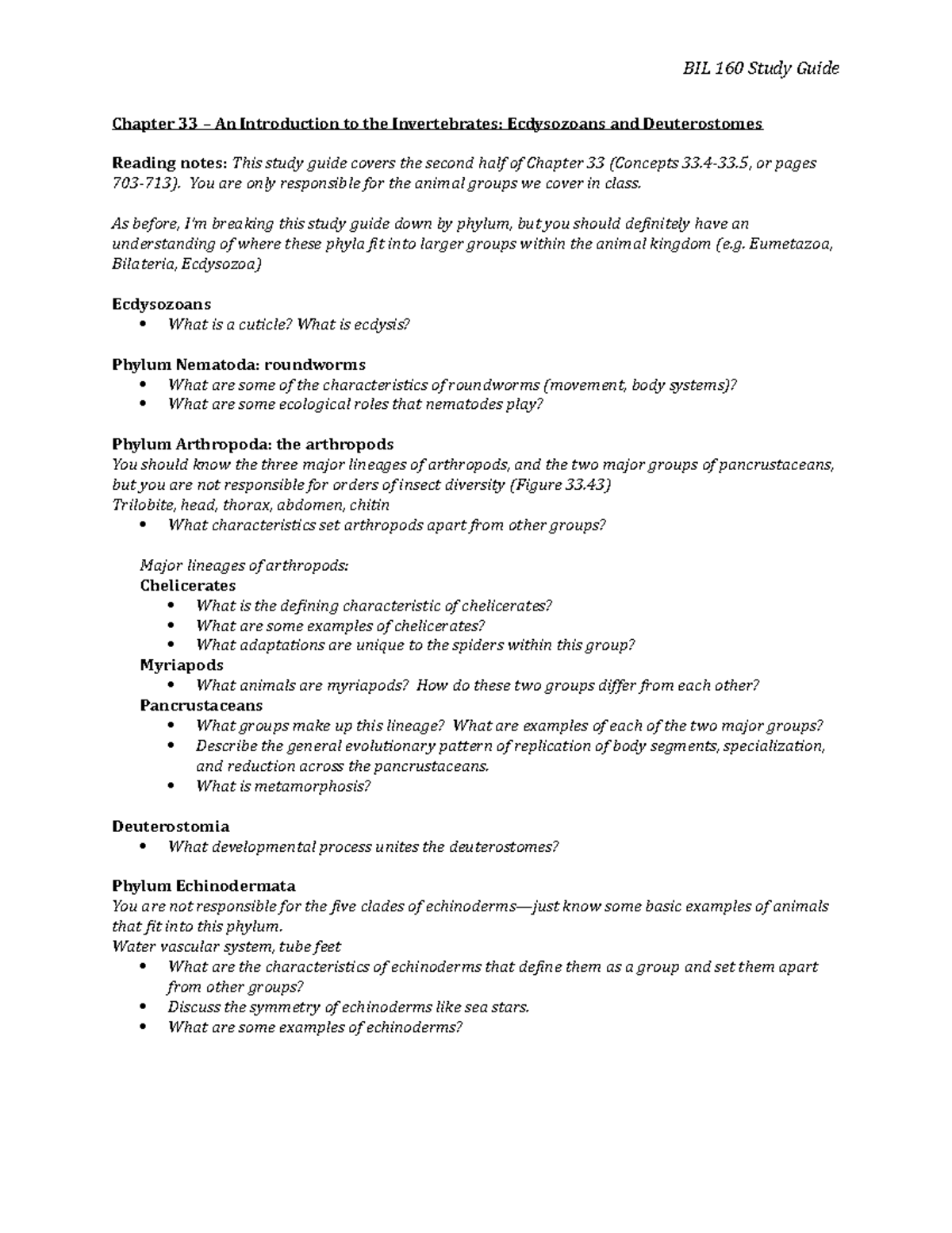 Study Guide 33b - Notes for Exams 1,2,3,4 and Final - BIL 160 Study ...