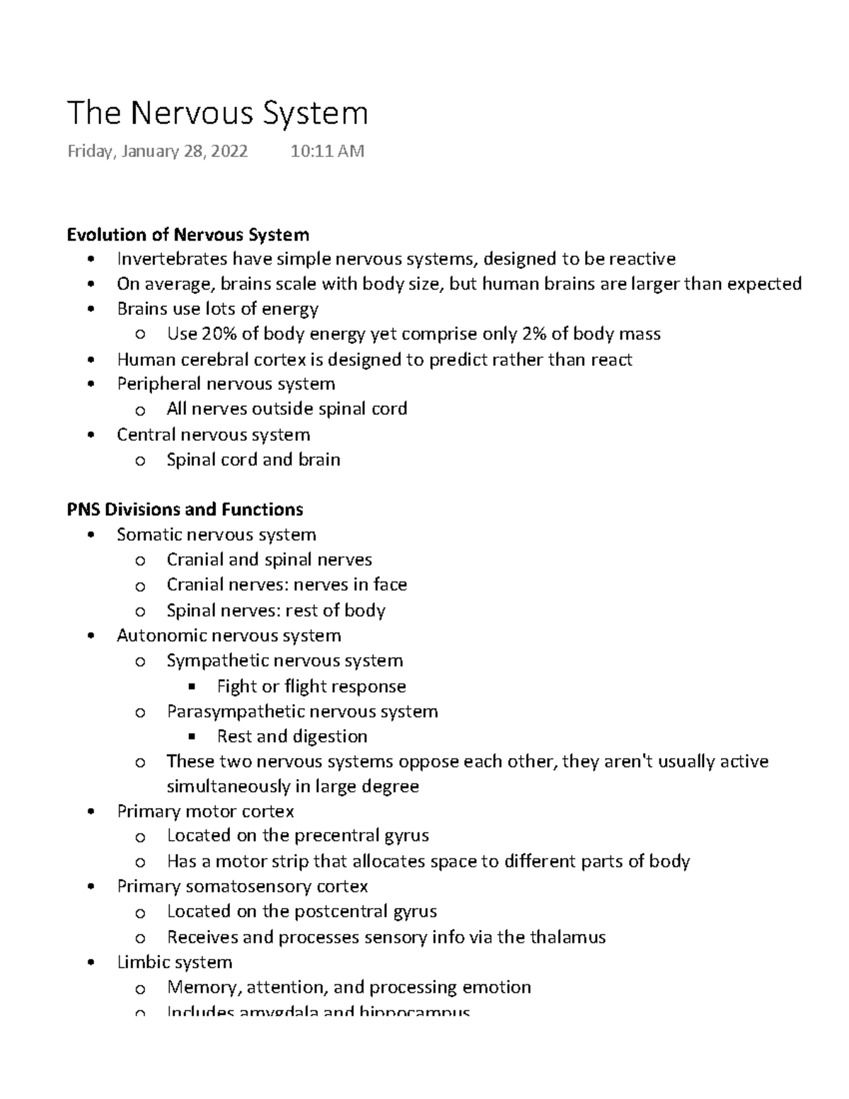 The Nervous System - This is for Jared's psych class. - Evolution of