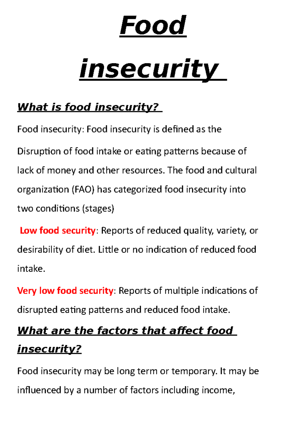 Food Insecurity - The Food And Cultural Organization (FAO) Has ...