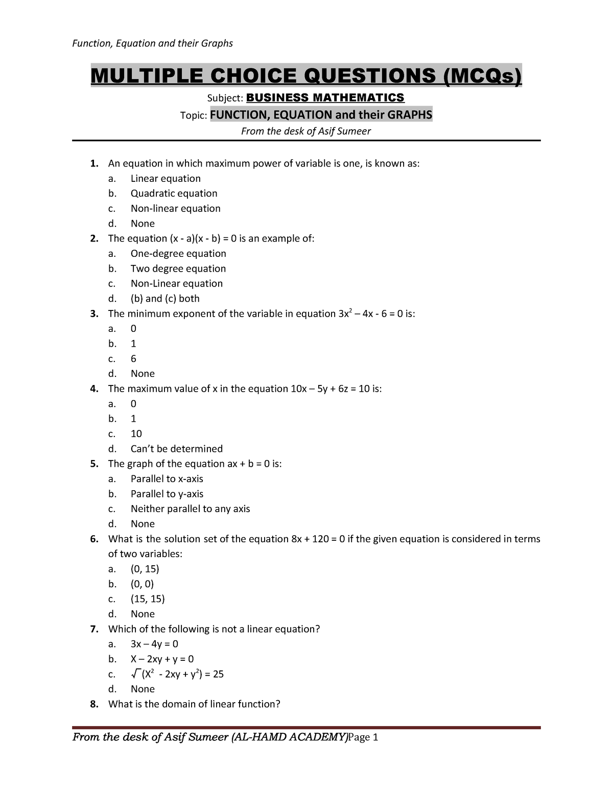 Mcqs 4 Business Math And Stat Mcqs Business Mathematics And Statistics Icma Pakistan 0545