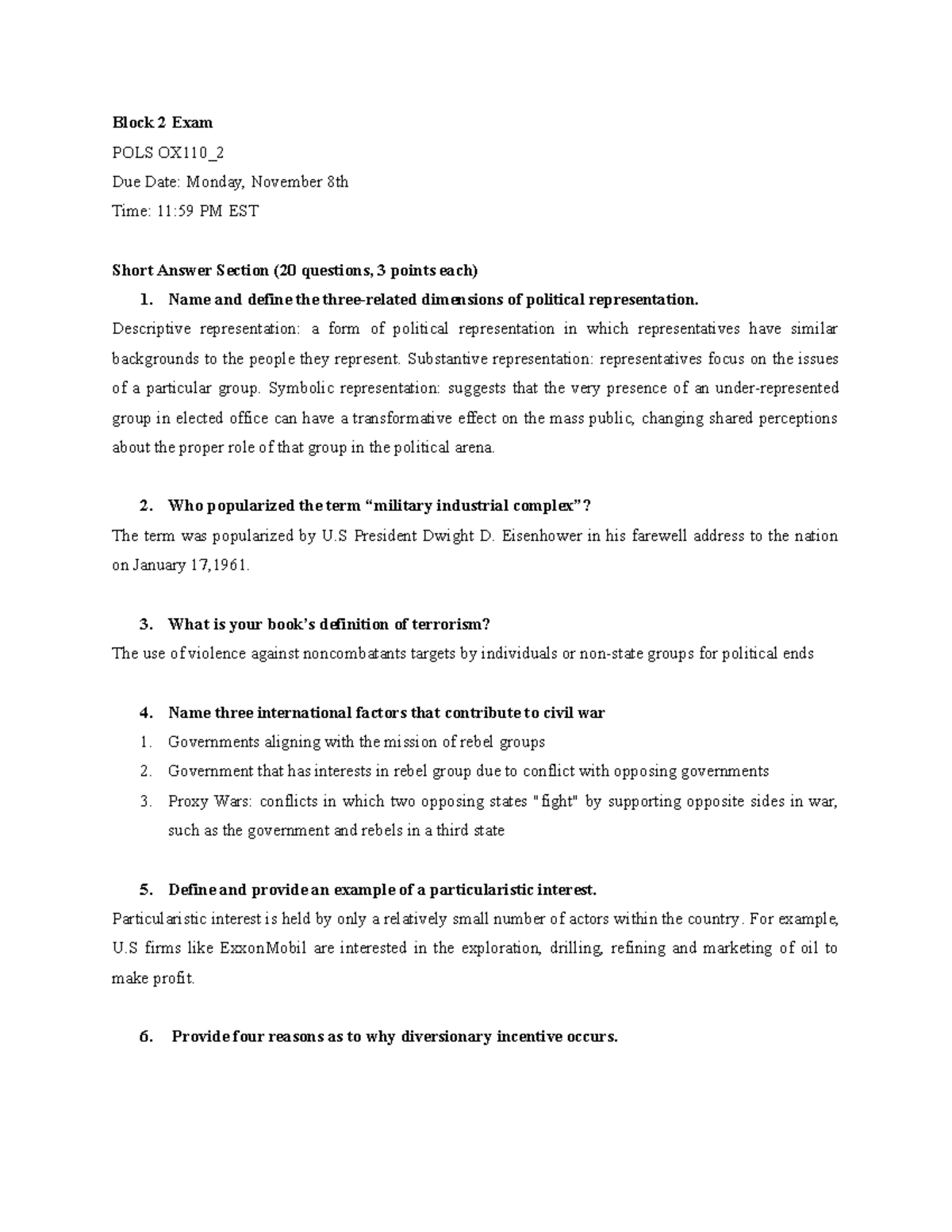 POLS Block 2 Exam Practice Qs+Solutions Block 2 Exam POLS OX110