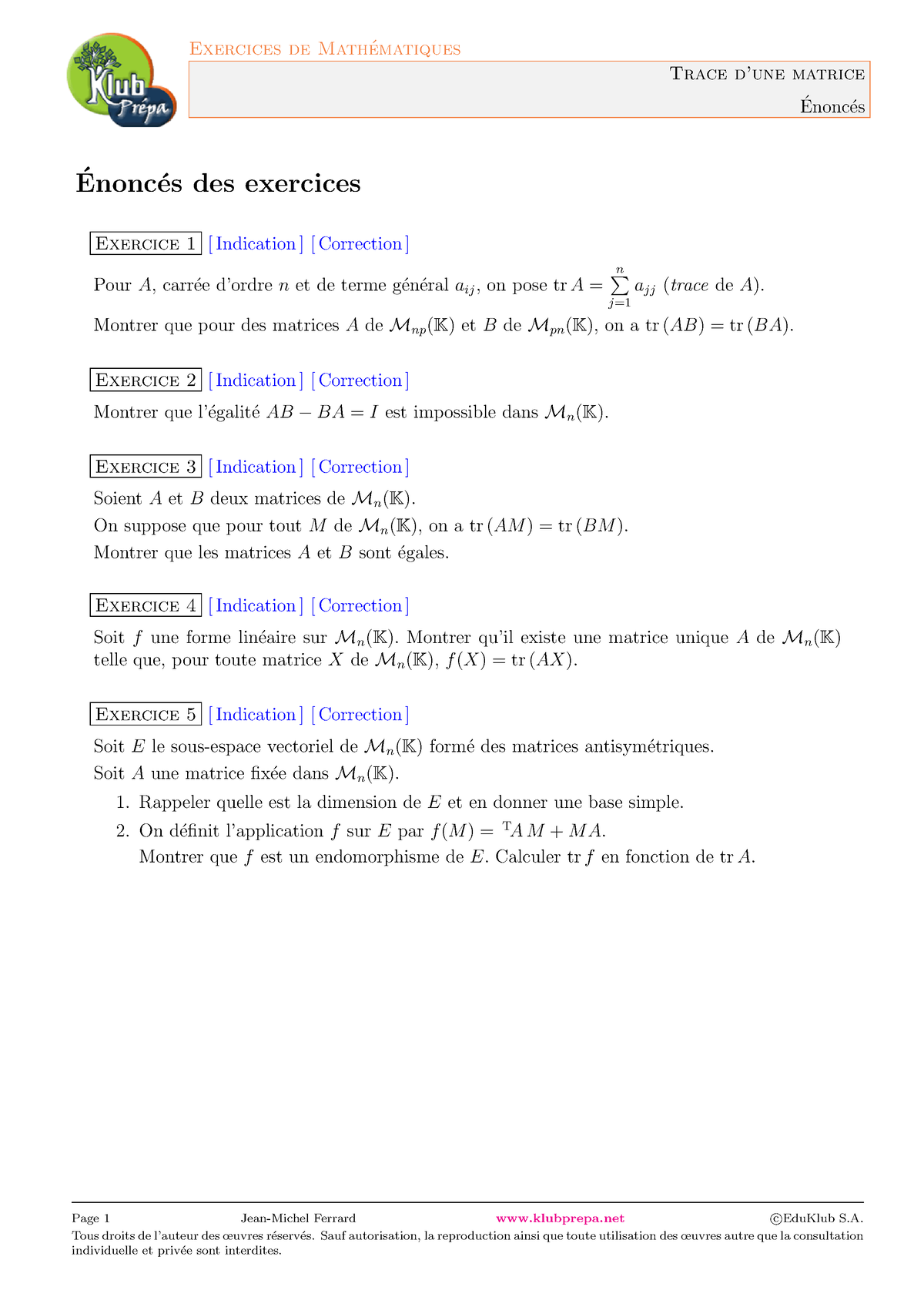 Calcul Matriciel, Systèmes Linéaires, Exercices : Trace D'une Matrice ...