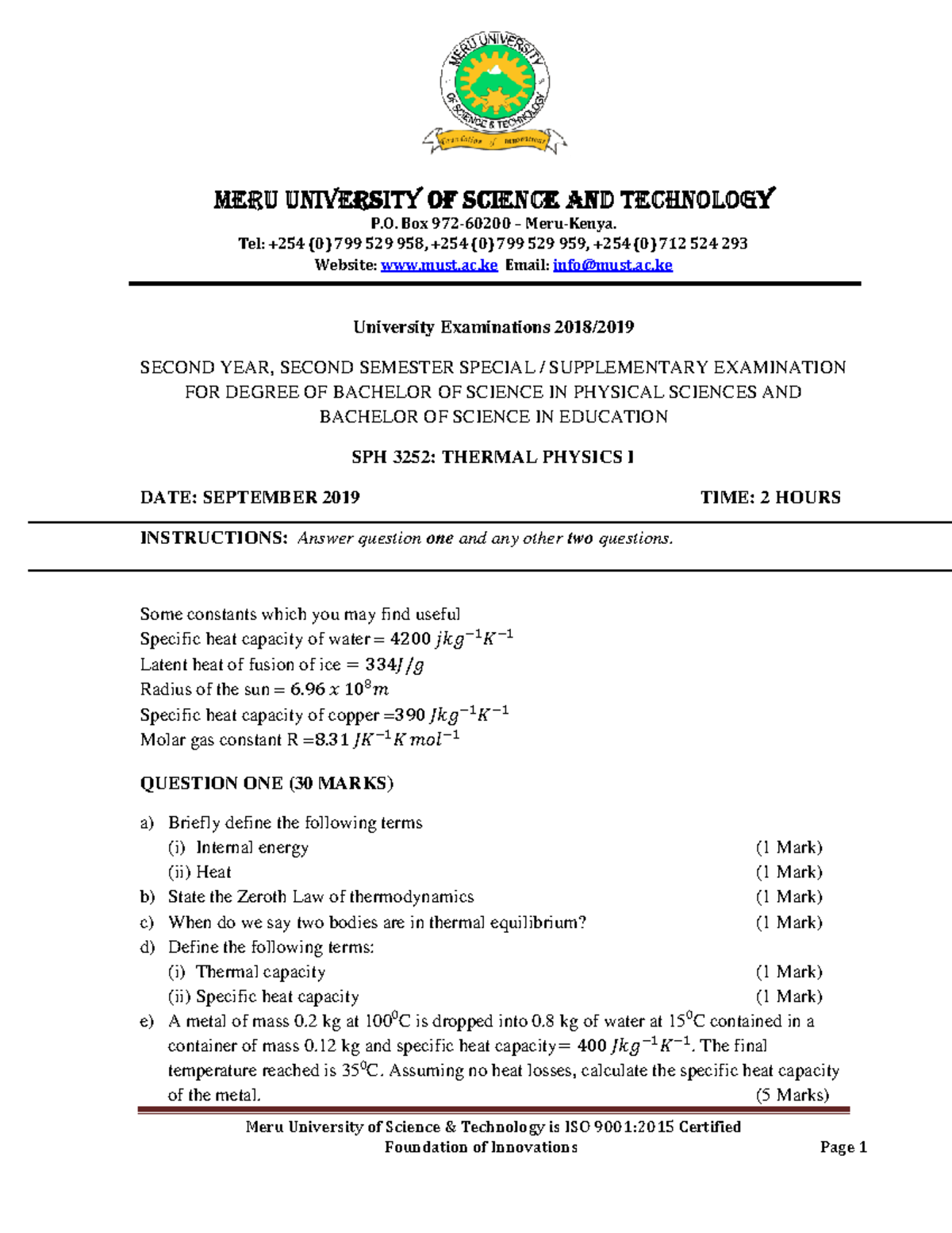 SPH 3252 Thermal Physics I - Meru University of Science & Technology is ...