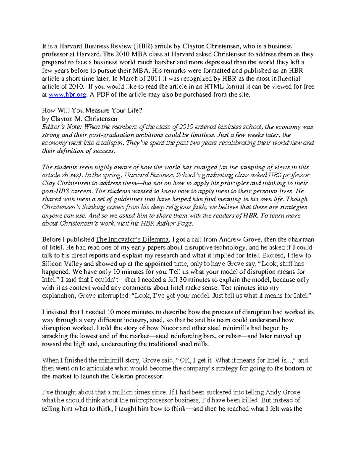 How to measure your life Christensen It is a Harvard Business Review