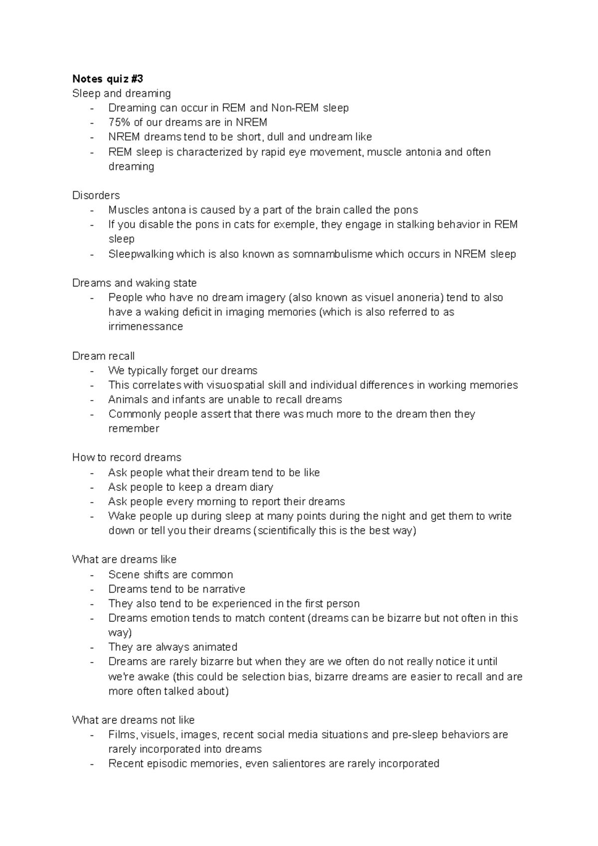 Final quiz notes Notes quiz Sleep and dreaming Dreaming can occur