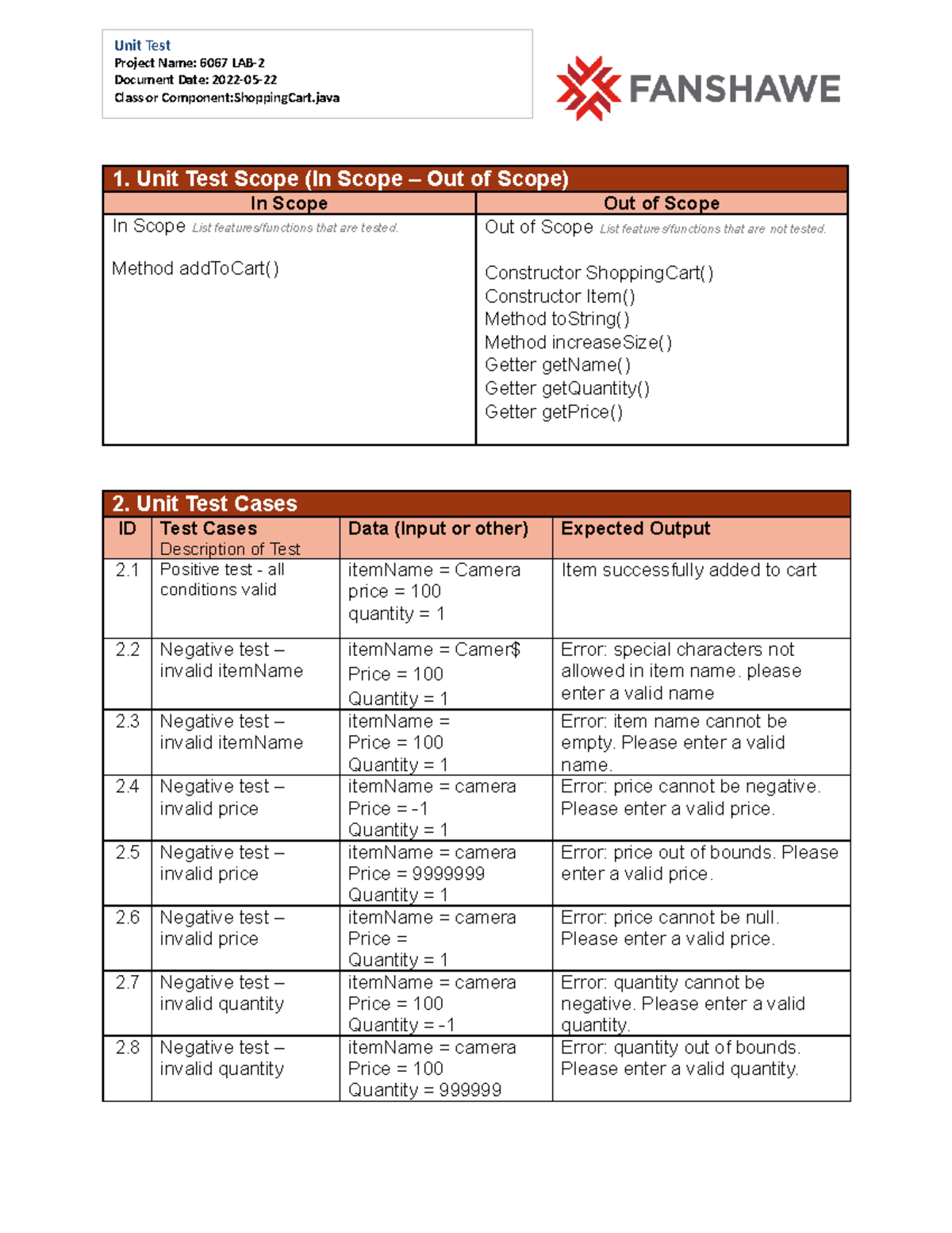 Unit Test Template - 1. Unit Test Scope (In Scope – Out of Scope) In ...