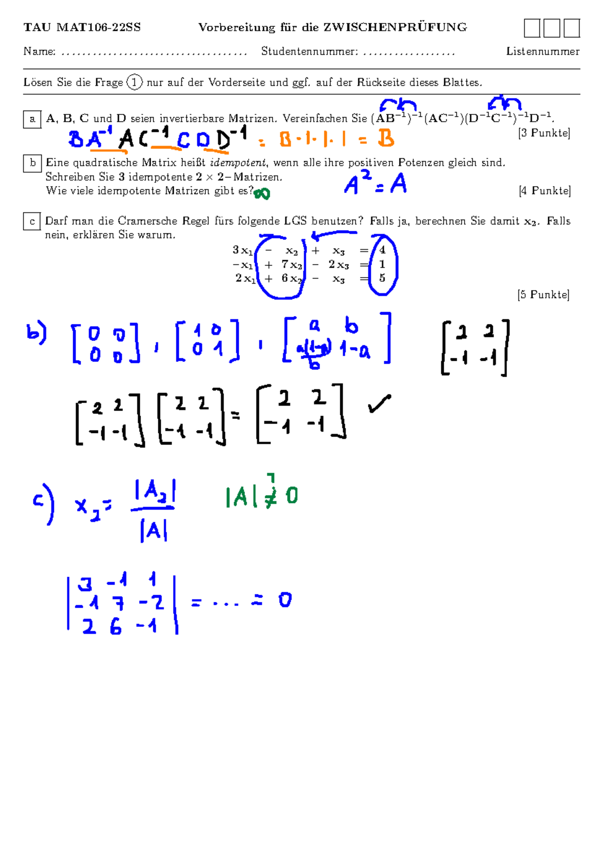 Vorbereitung für die Zwischenprüfung mit Lösungen TAU MAT10622SS