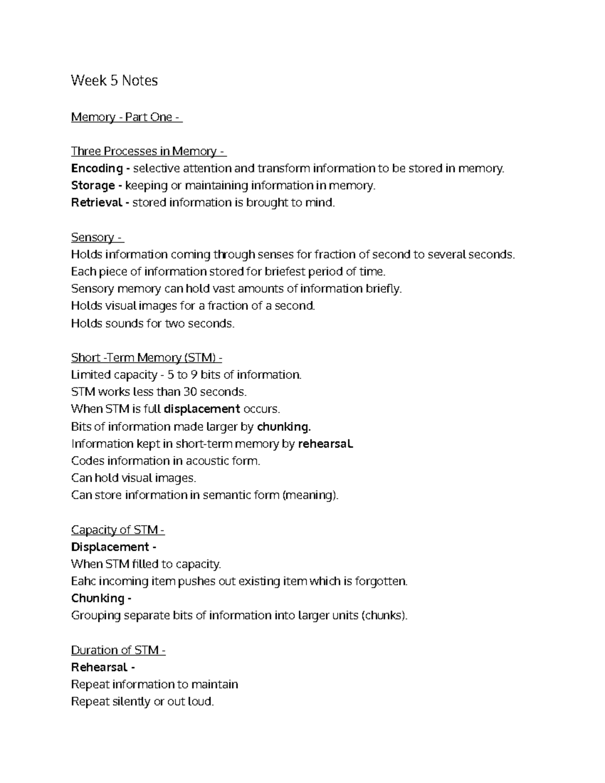Week 5 Notes - Week 5 Notes Memory - Part One - Three Processes in ...