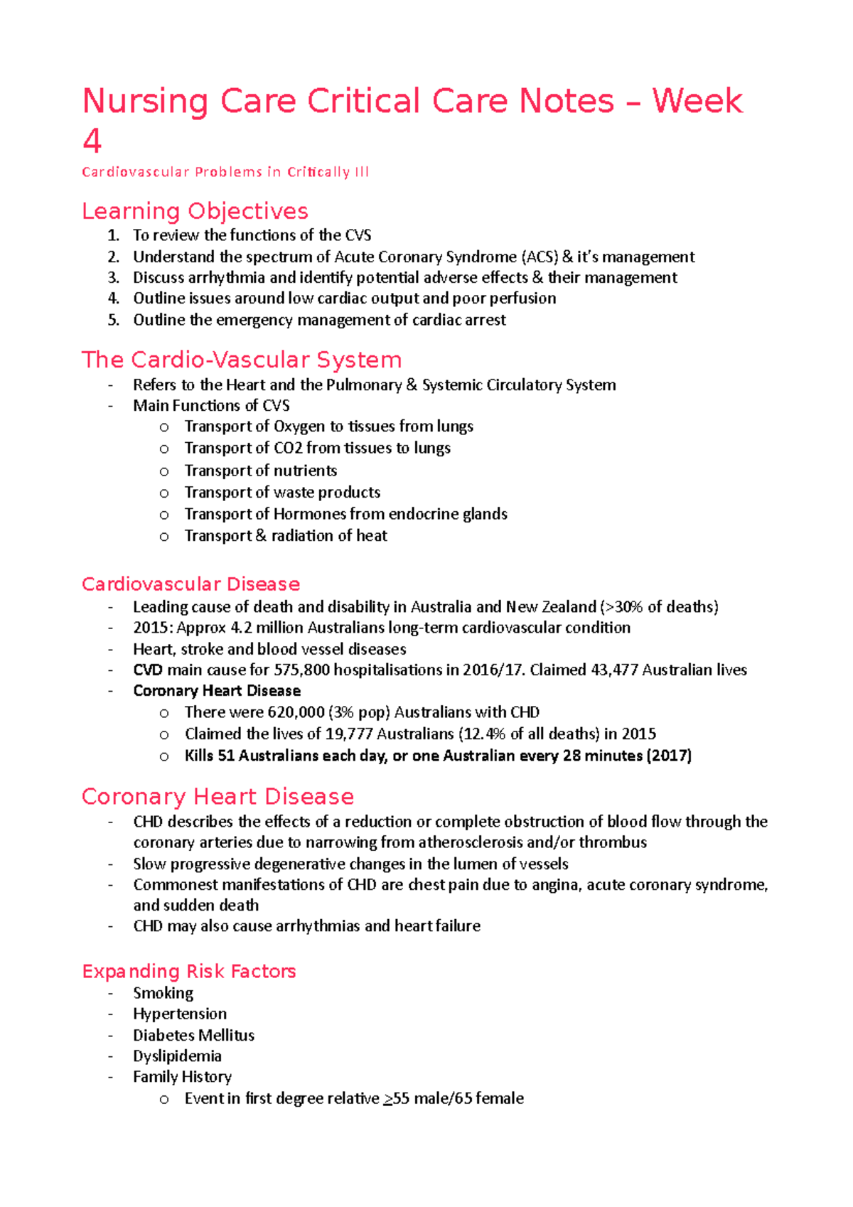 Nursing Care Critical Care Notes – Week 4 - Claimed 43,477 Australian ...