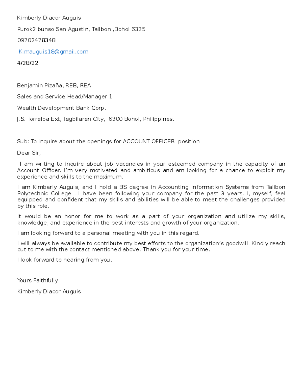 Inquiry letter - Kimberly Diacor Auguis Purok2 bunso San Agustin ...