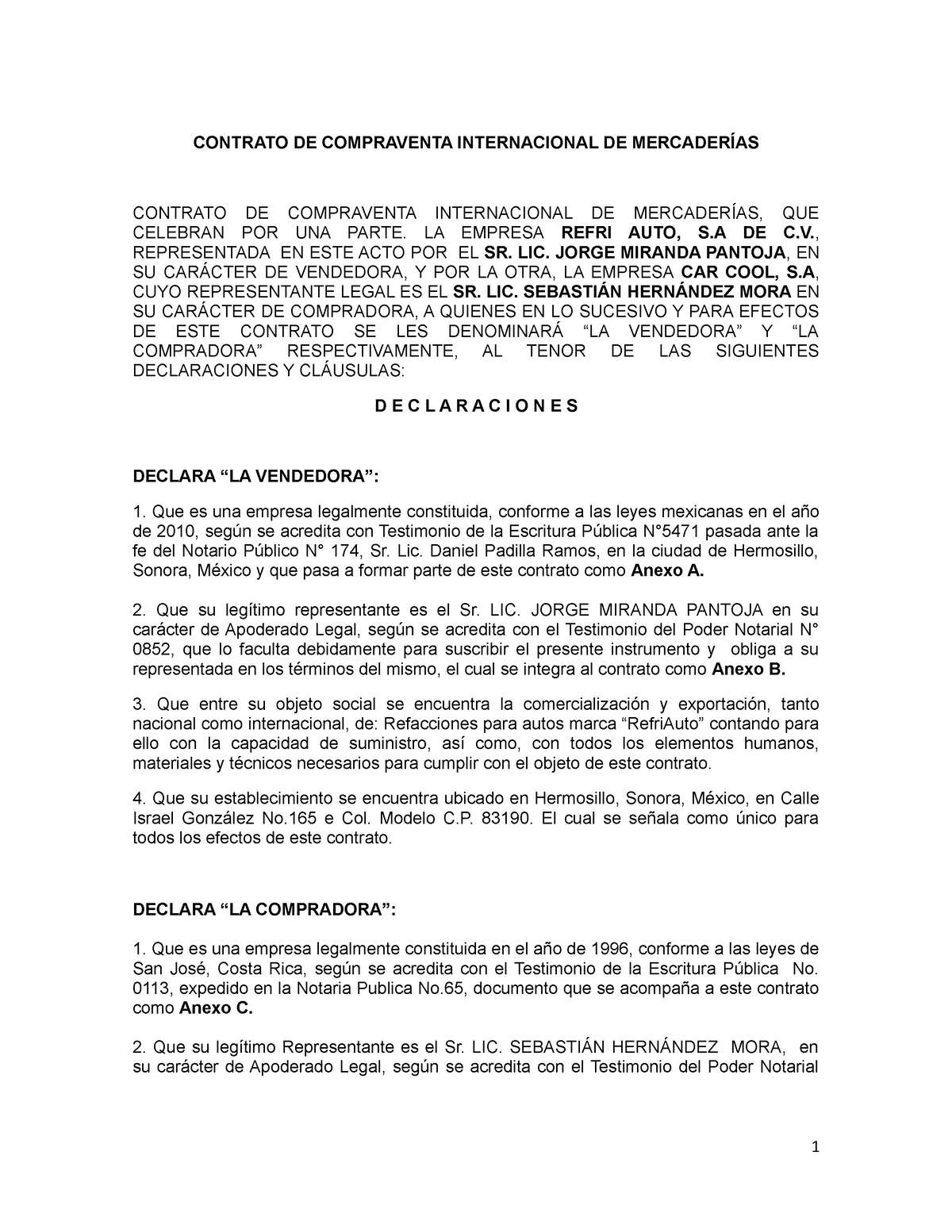 Modelo DE .M. PARA Estructura DEL Contrato - CONTRATO DE COMPRAVENTA  INTERNACIONAL DE - Studocu