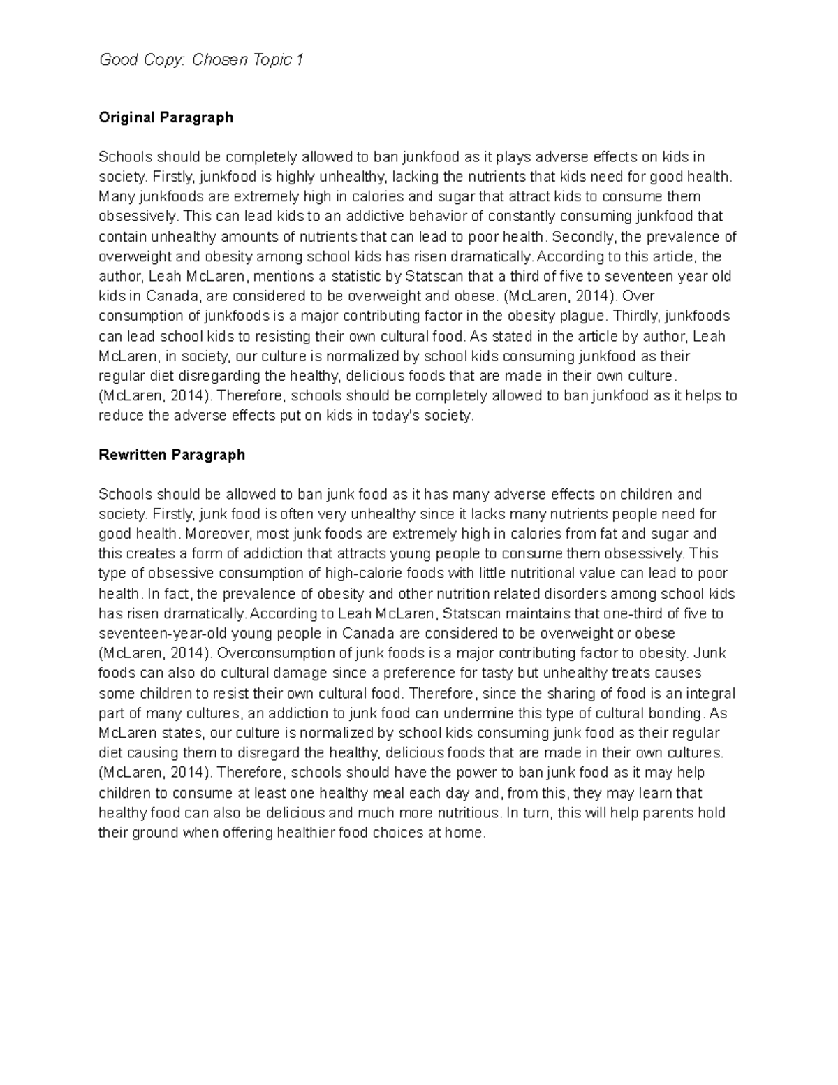 Writing Test Paragraph Revision Assignment Good Copy Chosen Topic