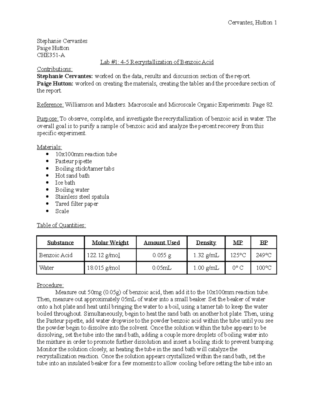 CHE351 Lab 1 Recrystallization of Benzoic Acid Cervantes, Hutton 1