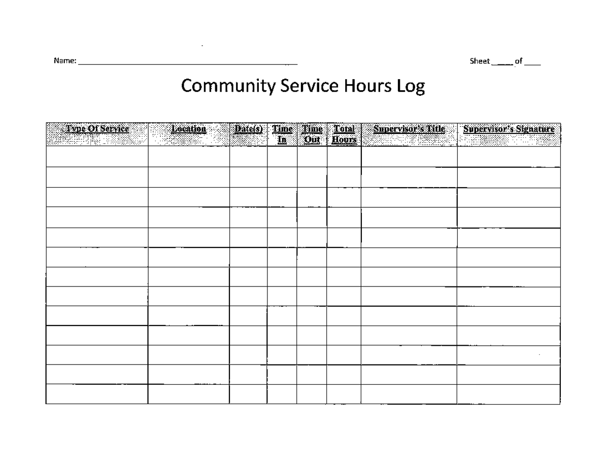 Community Service Log 2 - Name: Sheet of Community Service Hours Log ...
