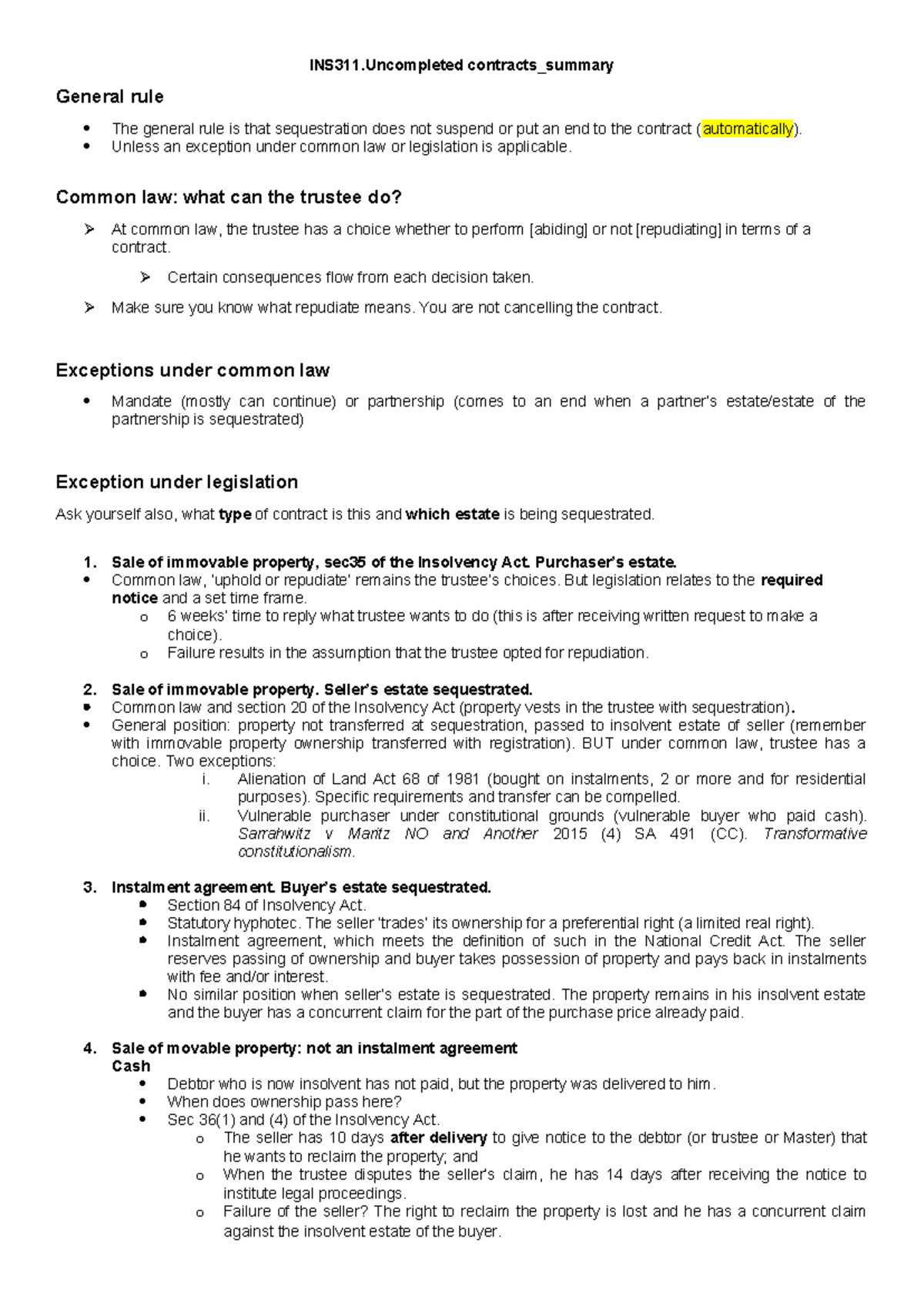 Uncompleted contract - INS311 contracts_summary General rule The ...