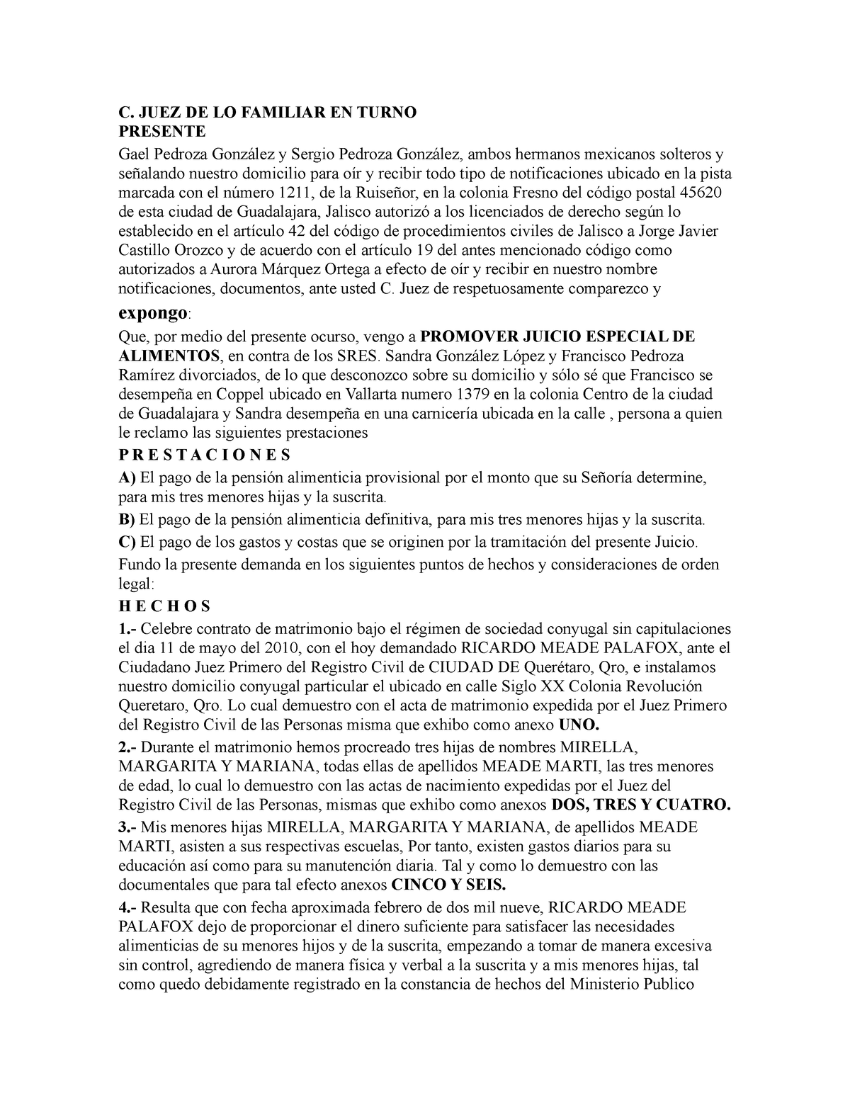 Demanda En Proceso - C. JUEZ DE LO FAMILIAR EN TURNO PRESENTE Gael ...