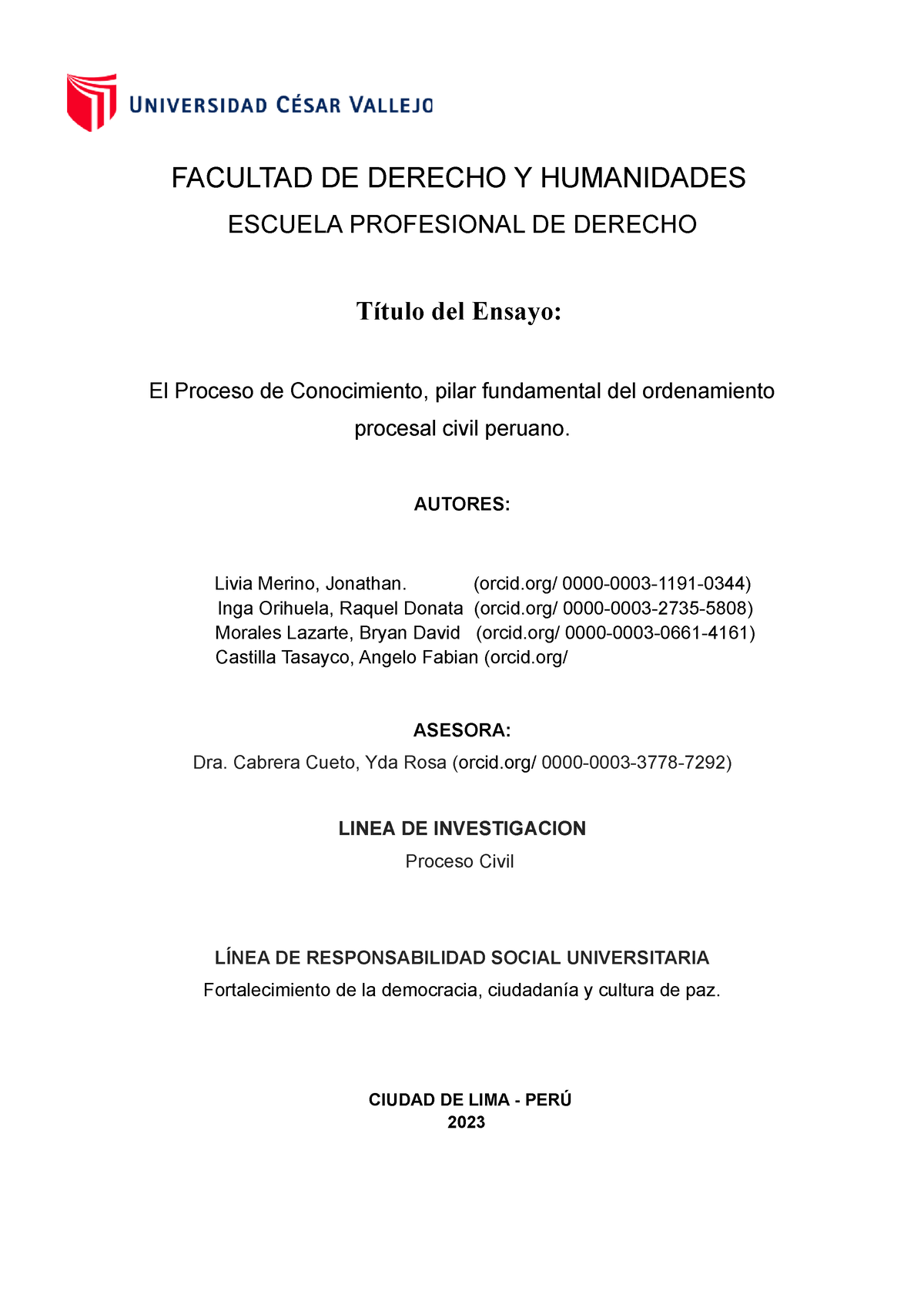 Proceso De Conocimiento Facultad De Derecho Y Humanidades Escuela Profesional De Derecho 0757