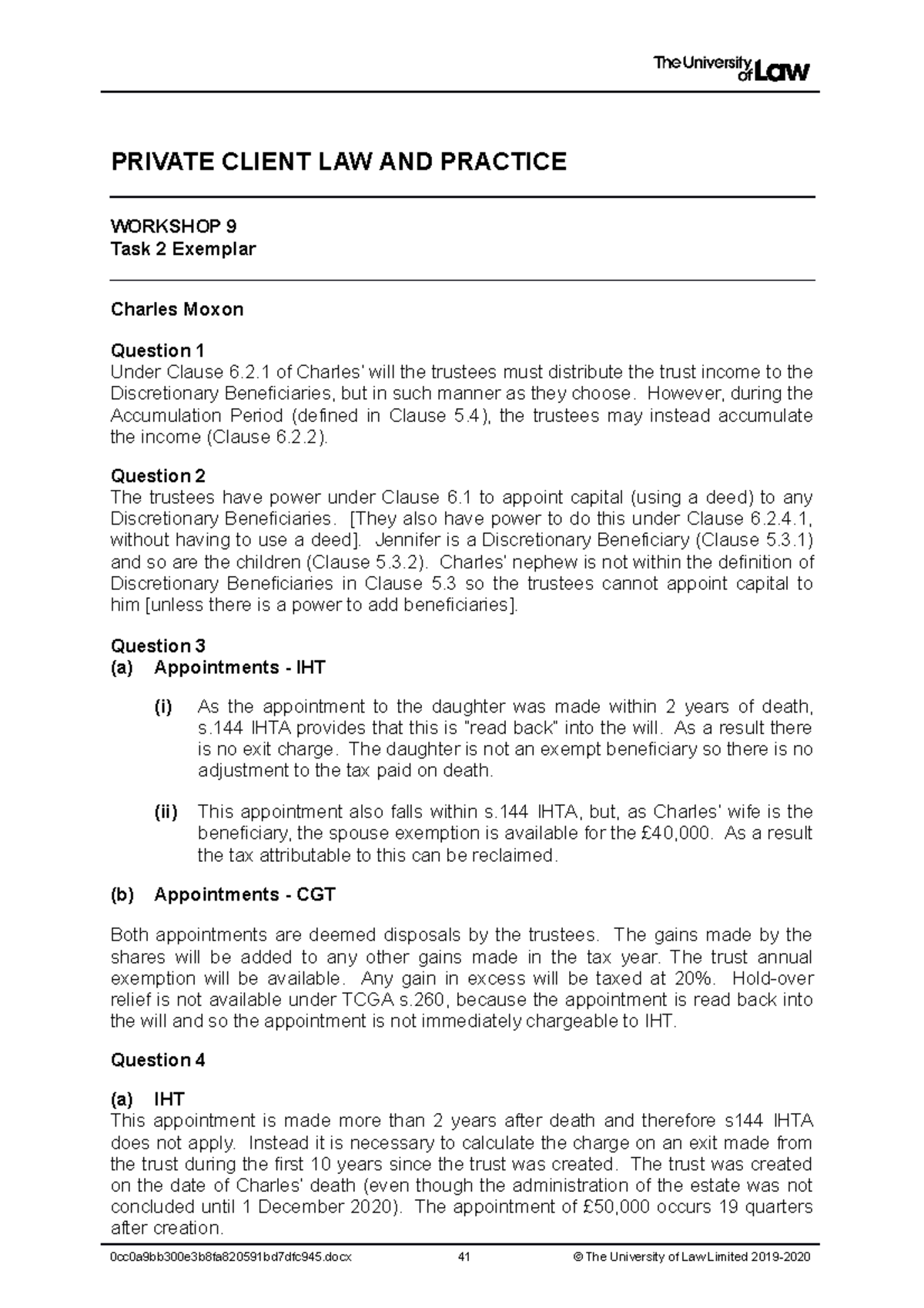 1920 priv ws09 ce02 task 02 exemplar t - PRIVATE CLIENT LAW AND ...
