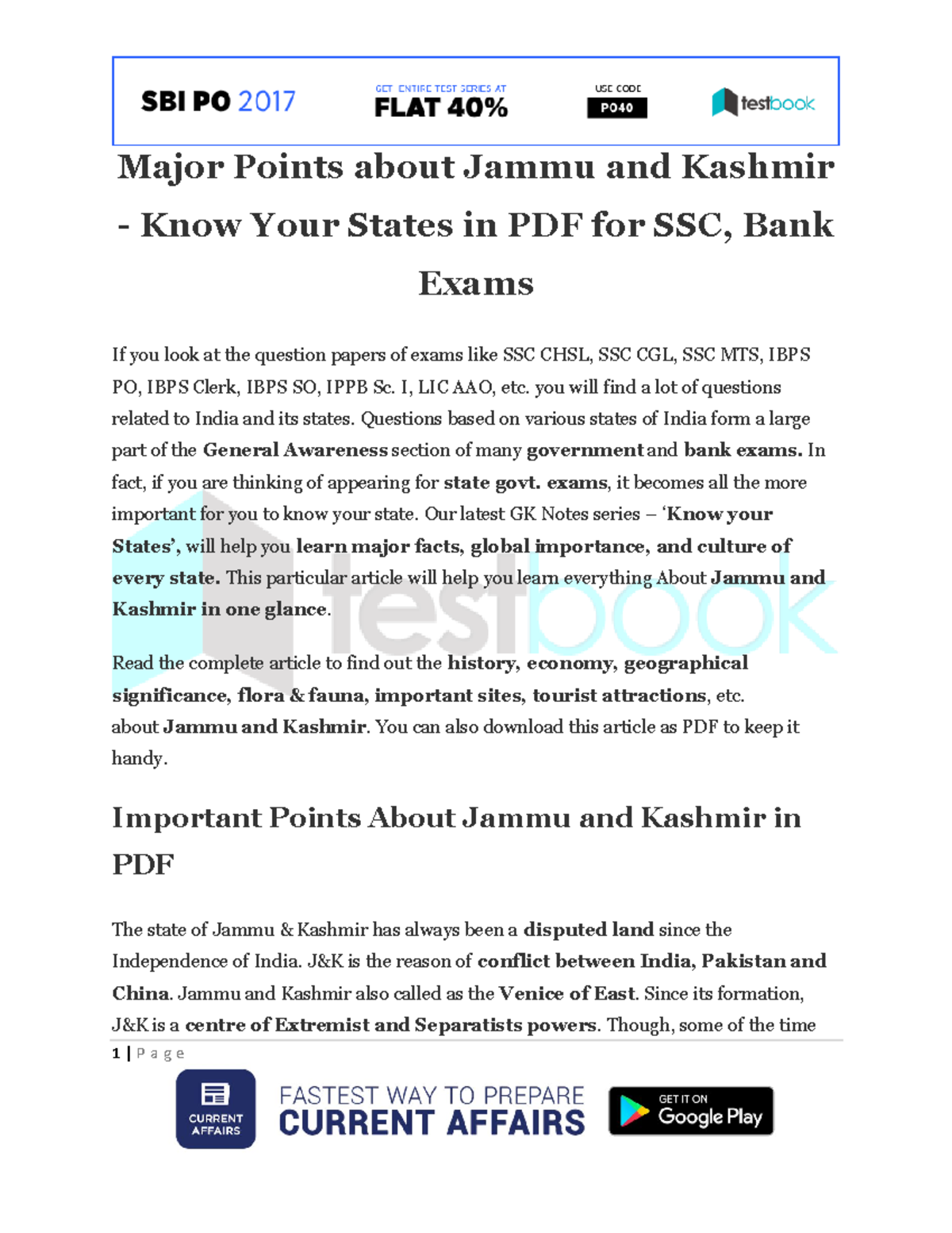 Major Points about Jammu and Kashmir Know Your States in PDF for SSC ...