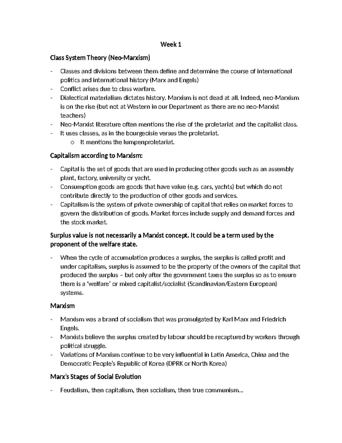 Poli Sci Notes week 1-6 - Week 1 Class System Theory (Neo-Marxism ...